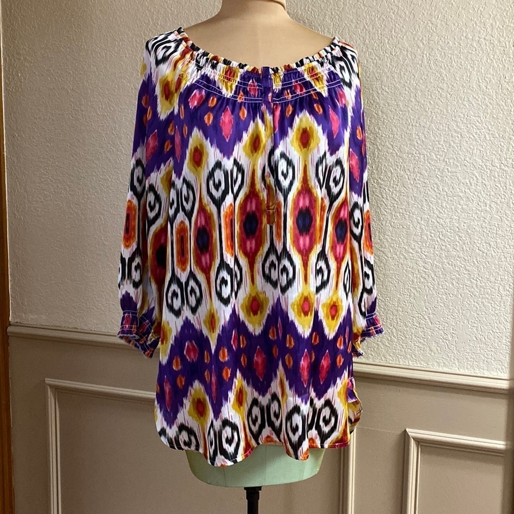 Chico’s multicolored ikat tribal smocked‎ neck 3/4 sleeve blouse top